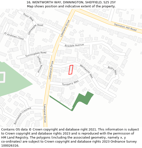 16, WENTWORTH WAY, DINNINGTON, SHEFFIELD, S25 2SY: Location map and indicative extent of plot