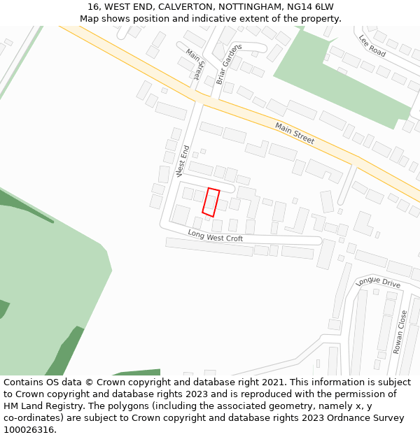 16, WEST END, CALVERTON, NOTTINGHAM, NG14 6LW: Location map and indicative extent of plot