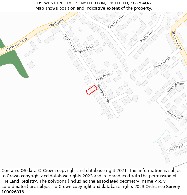 16, WEST END FALLS, NAFFERTON, DRIFFIELD, YO25 4QA: Location map and indicative extent of plot