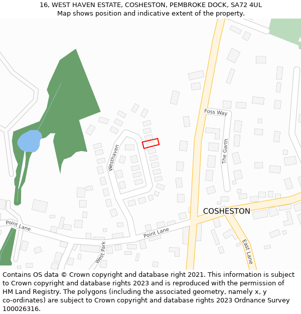 16, WEST HAVEN ESTATE, COSHESTON, PEMBROKE DOCK, SA72 4UL: Location map and indicative extent of plot