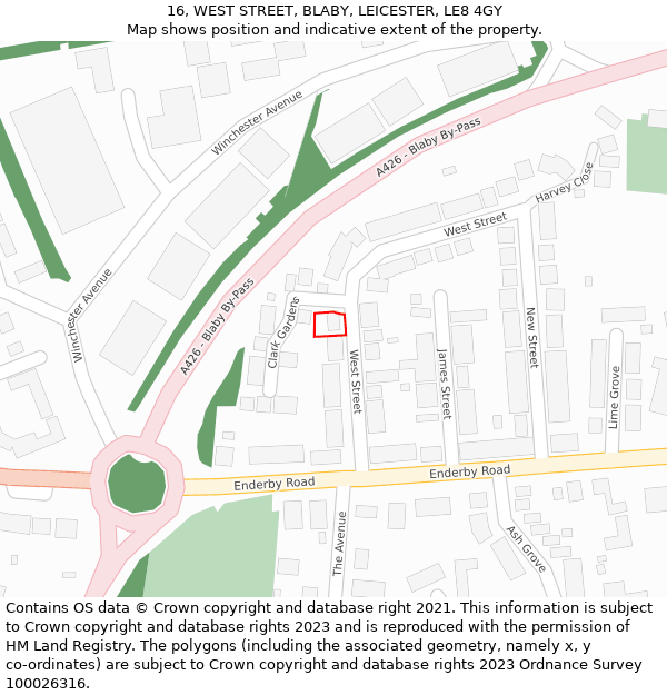16, WEST STREET, BLABY, LEICESTER, LE8 4GY: Location map and indicative extent of plot