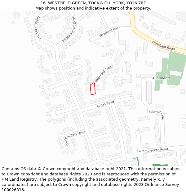 16, WESTFIELD GREEN, TOCKWITH, YORK, YO26 7RE: Location map and indicative extent of plot