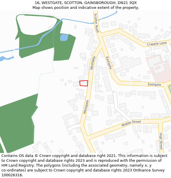 16, WESTGATE, SCOTTON, GAINSBOROUGH, DN21 3QX: Location map and indicative extent of plot