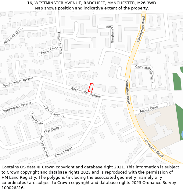 16, WESTMINSTER AVENUE, RADCLIFFE, MANCHESTER, M26 3WD: Location map and indicative extent of plot