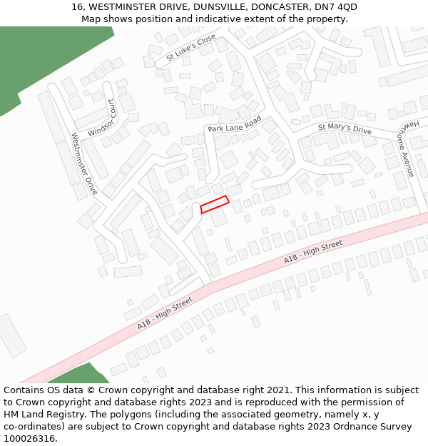 16, WESTMINSTER DRIVE, DUNSVILLE, DONCASTER, DN7 4QD: Location map and indicative extent of plot