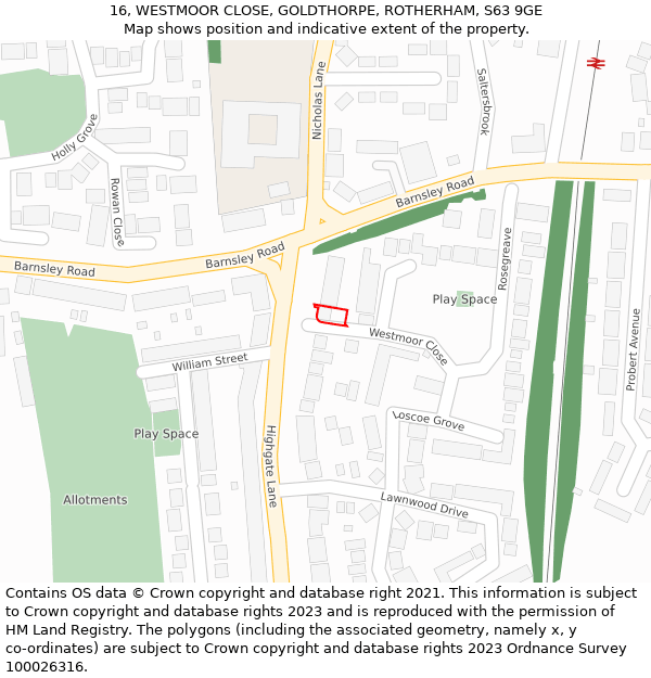 16, WESTMOOR CLOSE, GOLDTHORPE, ROTHERHAM, S63 9GE: Location map and indicative extent of plot