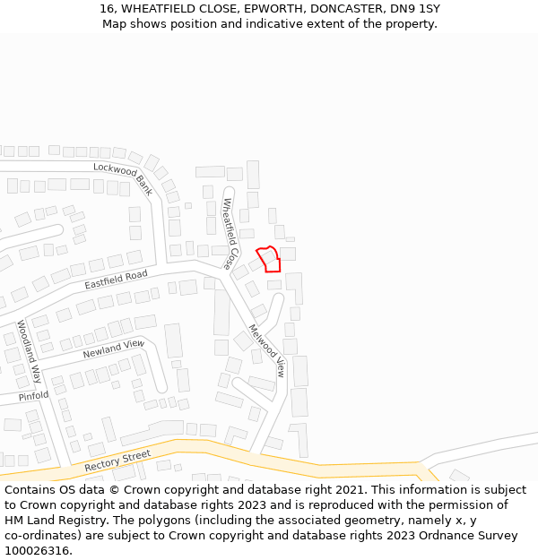 16, WHEATFIELD CLOSE, EPWORTH, DONCASTER, DN9 1SY: Location map and indicative extent of plot