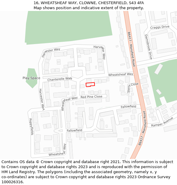 16, WHEATSHEAF WAY, CLOWNE, CHESTERFIELD, S43 4FA: Location map and indicative extent of plot