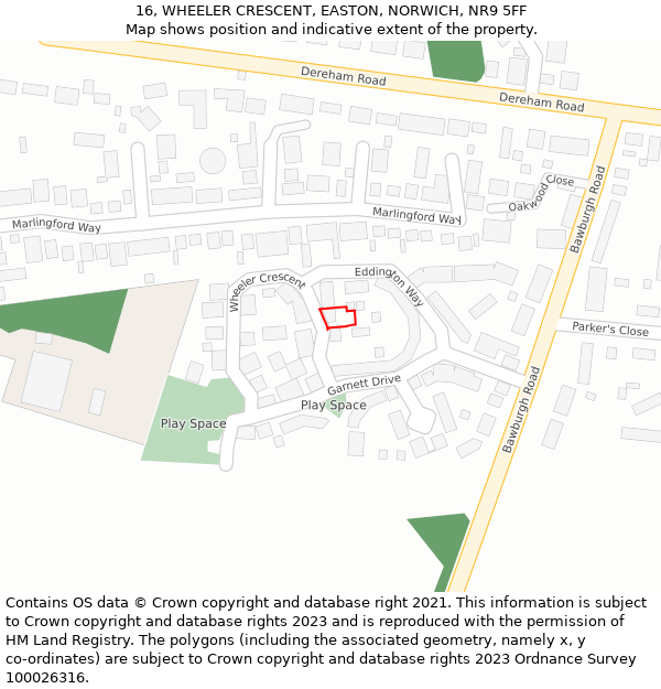 16, WHEELER CRESCENT, EASTON, NORWICH, NR9 5FF: Location map and indicative extent of plot