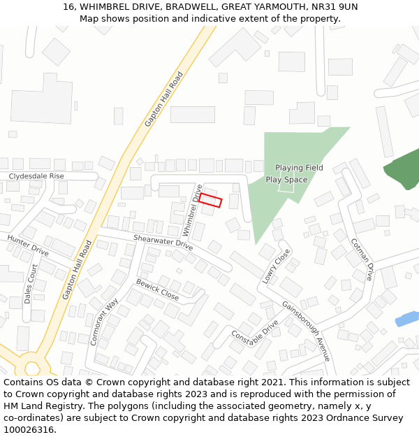 16, WHIMBREL DRIVE, BRADWELL, GREAT YARMOUTH, NR31 9UN: Location map and indicative extent of plot