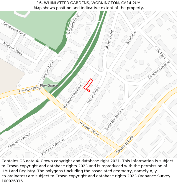 16, WHINLATTER GARDENS, WORKINGTON, CA14 2UA: Location map and indicative extent of plot