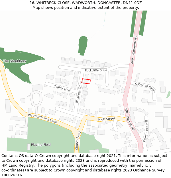 16, WHITBECK CLOSE, WADWORTH, DONCASTER, DN11 9DZ: Location map and indicative extent of plot