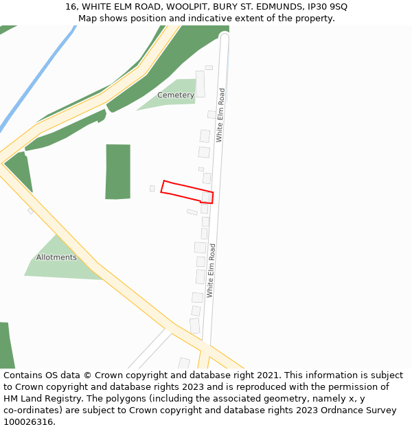 16, WHITE ELM ROAD, WOOLPIT, BURY ST. EDMUNDS, IP30 9SQ: Location map and indicative extent of plot