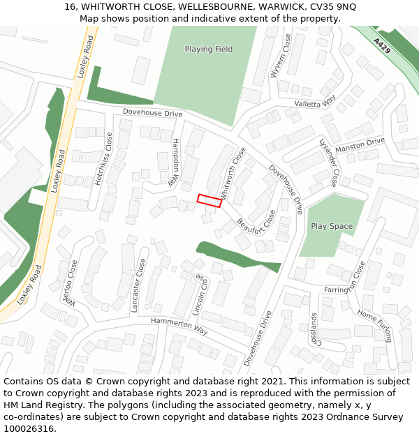 16, WHITWORTH CLOSE, WELLESBOURNE, WARWICK, CV35 9NQ: Location map and indicative extent of plot