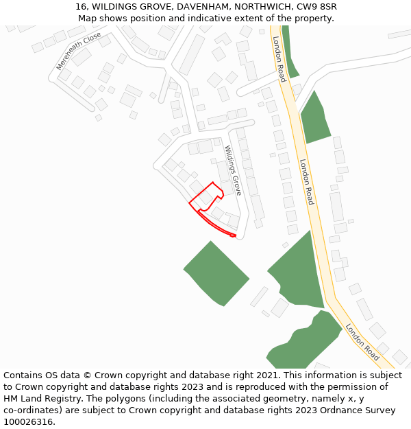 16, WILDINGS GROVE, DAVENHAM, NORTHWICH, CW9 8SR: Location map and indicative extent of plot