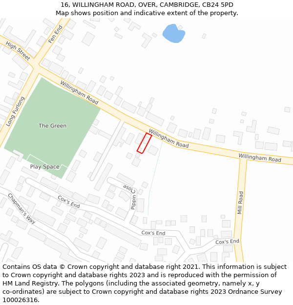 16, WILLINGHAM ROAD, OVER, CAMBRIDGE, CB24 5PD: Location map and indicative extent of plot