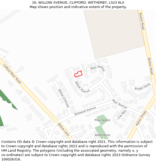 16, WILLOW AVENUE, CLIFFORD, WETHERBY, LS23 6LA: Location map and indicative extent of plot