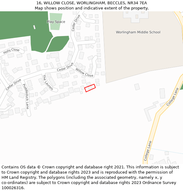 16, WILLOW CLOSE, WORLINGHAM, BECCLES, NR34 7EA: Location map and indicative extent of plot
