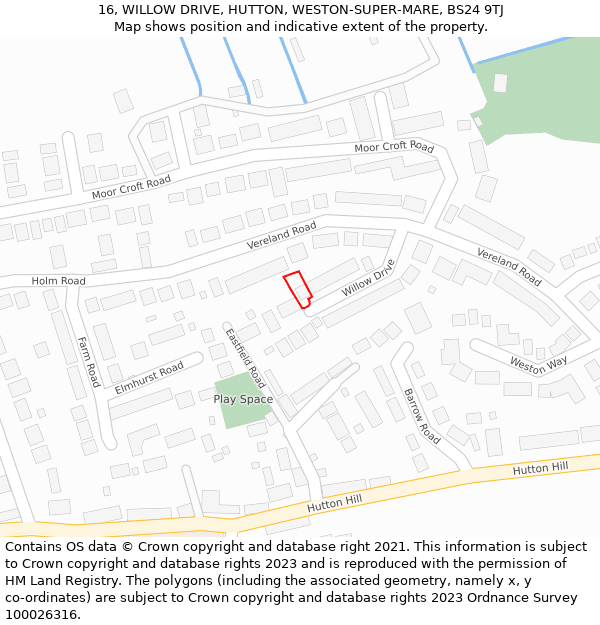 16, WILLOW DRIVE, HUTTON, WESTON-SUPER-MARE, BS24 9TJ: Location map and indicative extent of plot