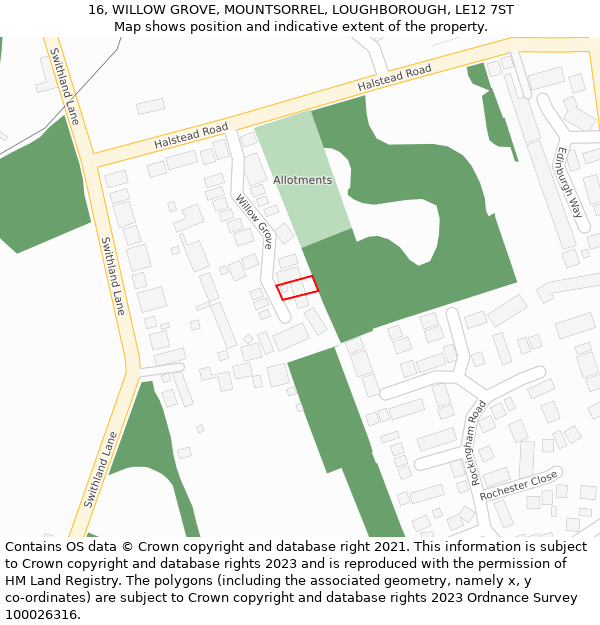 16, WILLOW GROVE, MOUNTSORREL, LOUGHBOROUGH, LE12 7ST: Location map and indicative extent of plot