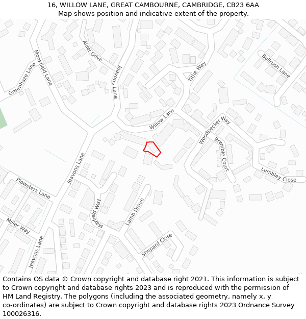 16, WILLOW LANE, GREAT CAMBOURNE, CAMBRIDGE, CB23 6AA: Location map and indicative extent of plot