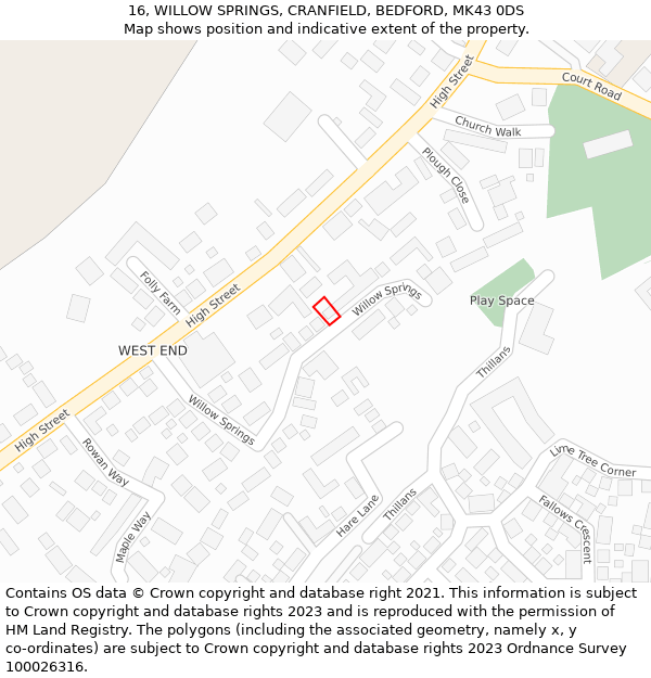 16, WILLOW SPRINGS, CRANFIELD, BEDFORD, MK43 0DS: Location map and indicative extent of plot