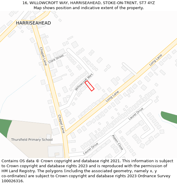 16, WILLOWCROFT WAY, HARRISEAHEAD, STOKE-ON-TRENT, ST7 4YZ: Location map and indicative extent of plot