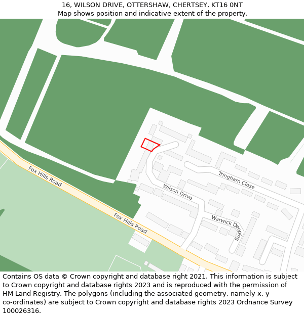 16, WILSON DRIVE, OTTERSHAW, CHERTSEY, KT16 0NT: Location map and indicative extent of plot