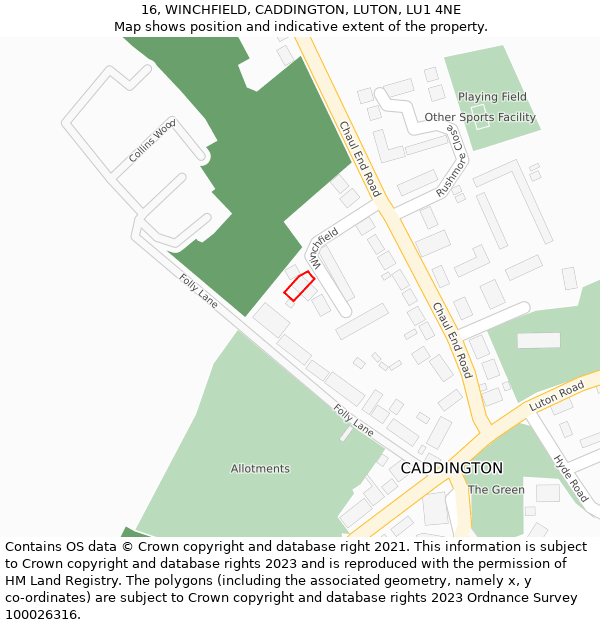 16, WINCHFIELD, CADDINGTON, LUTON, LU1 4NE: Location map and indicative extent of plot