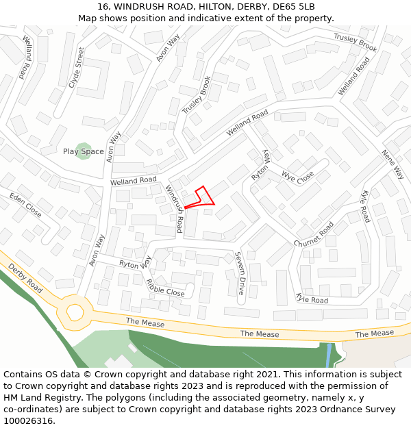 16, WINDRUSH ROAD, HILTON, DERBY, DE65 5LB: Location map and indicative extent of plot