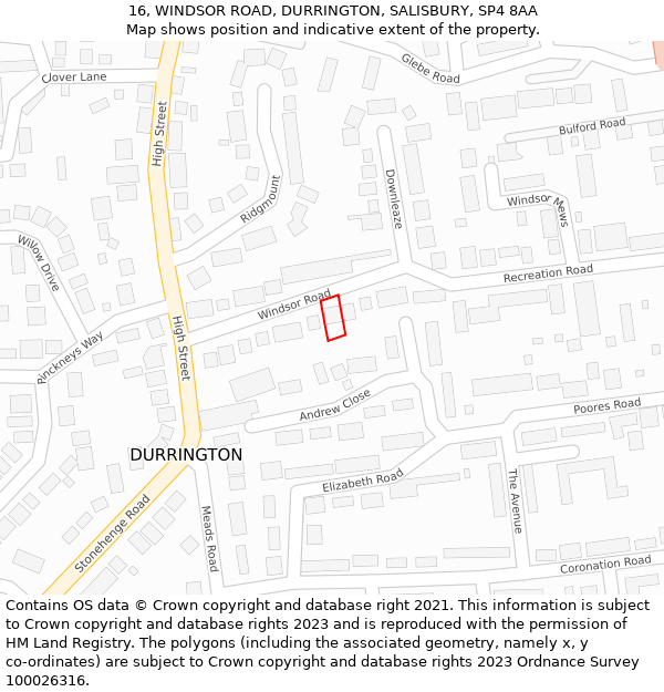 16, WINDSOR ROAD, DURRINGTON, SALISBURY, SP4 8AA: Location map and indicative extent of plot