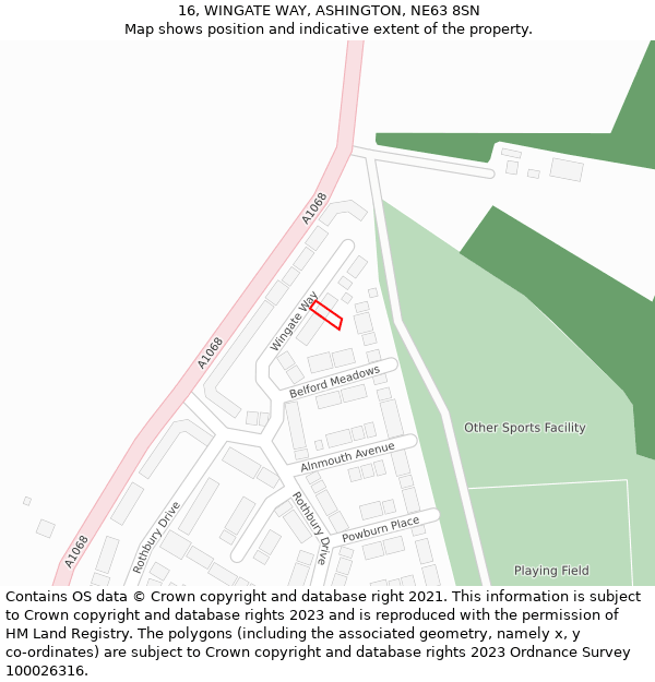 16, WINGATE WAY, ASHINGTON, NE63 8SN: Location map and indicative extent of plot