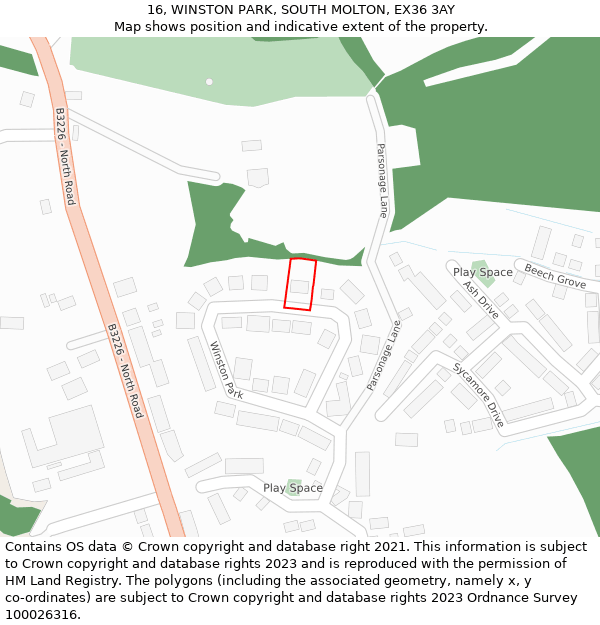 16, WINSTON PARK, SOUTH MOLTON, EX36 3AY: Location map and indicative extent of plot