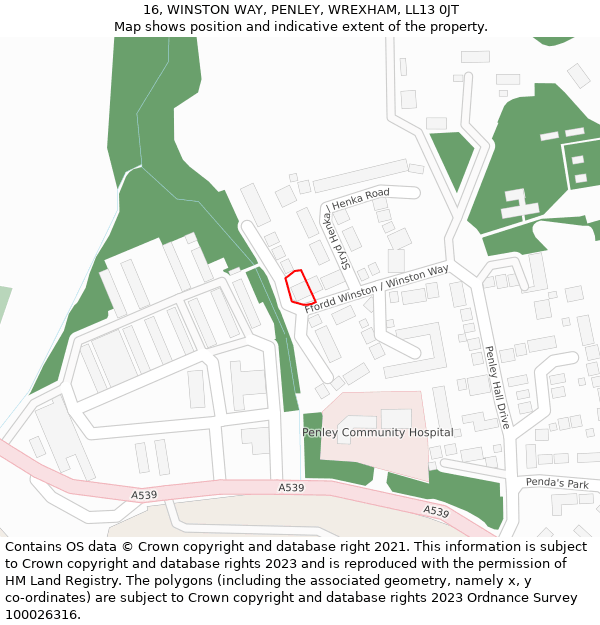 16, WINSTON WAY, PENLEY, WREXHAM, LL13 0JT: Location map and indicative extent of plot