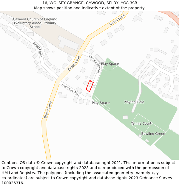 16, WOLSEY GRANGE, CAWOOD, SELBY, YO8 3SB: Location map and indicative extent of plot