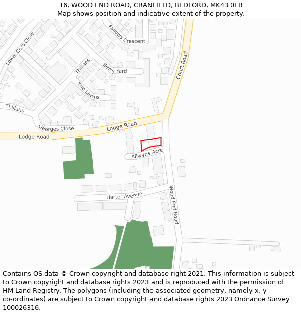 16, WOOD END ROAD, CRANFIELD, BEDFORD, MK43 0EB: Location map and indicative extent of plot