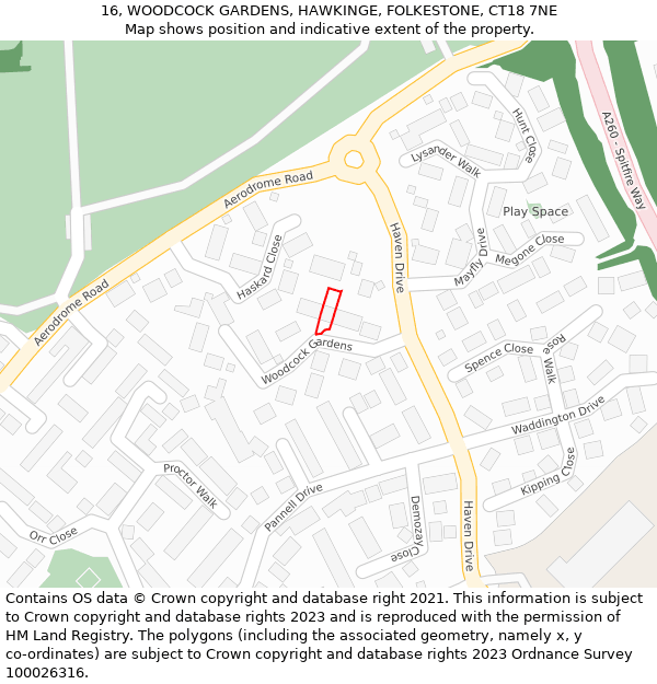 16, WOODCOCK GARDENS, HAWKINGE, FOLKESTONE, CT18 7NE: Location map and indicative extent of plot