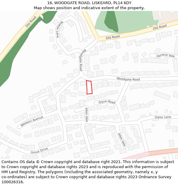 16, WOODGATE ROAD, LISKEARD, PL14 6DY: Location map and indicative extent of plot