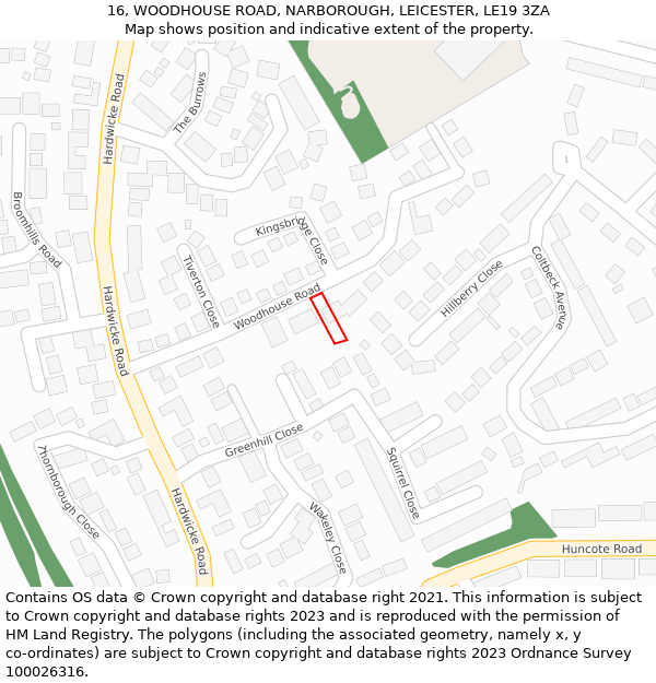 16, WOODHOUSE ROAD, NARBOROUGH, LEICESTER, LE19 3ZA: Location map and indicative extent of plot