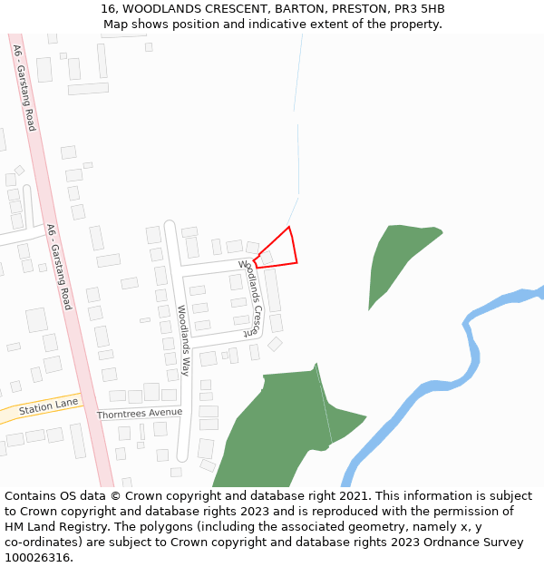 16, WOODLANDS CRESCENT, BARTON, PRESTON, PR3 5HB: Location map and indicative extent of plot