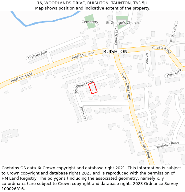 16, WOODLANDS DRIVE, RUISHTON, TAUNTON, TA3 5JU: Location map and indicative extent of plot