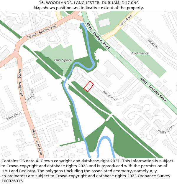 16, WOODLANDS, LANCHESTER, DURHAM, DH7 0NS: Location map and indicative extent of plot