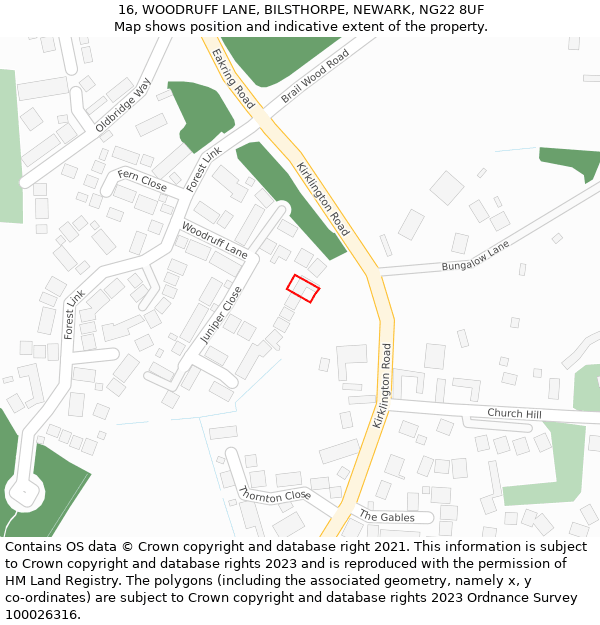 16, WOODRUFF LANE, BILSTHORPE, NEWARK, NG22 8UF: Location map and indicative extent of plot