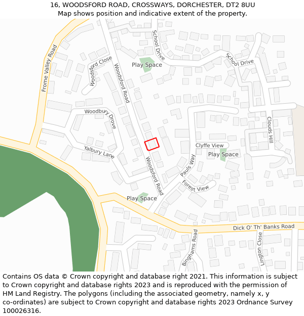 16, WOODSFORD ROAD, CROSSWAYS, DORCHESTER, DT2 8UU: Location map and indicative extent of plot