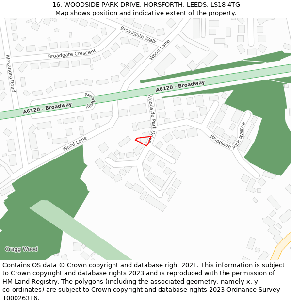 16, WOODSIDE PARK DRIVE, HORSFORTH, LEEDS, LS18 4TG: Location map and indicative extent of plot