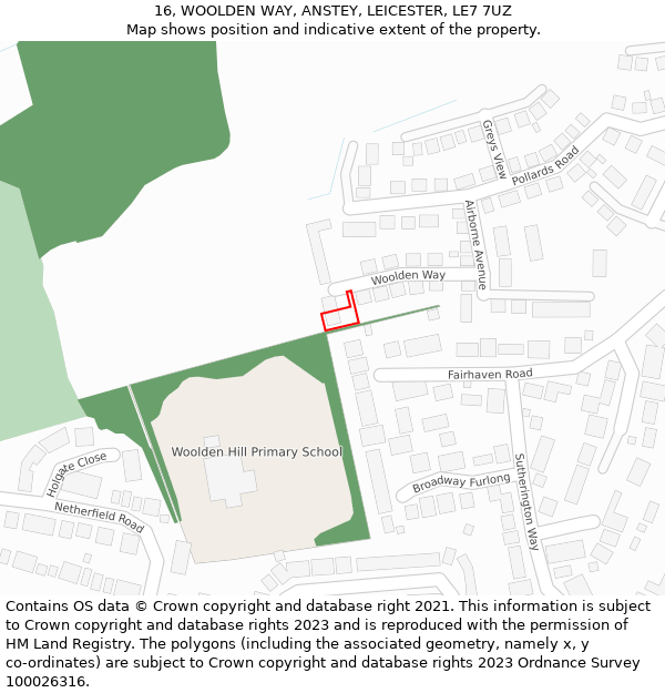 16, WOOLDEN WAY, ANSTEY, LEICESTER, LE7 7UZ: Location map and indicative extent of plot