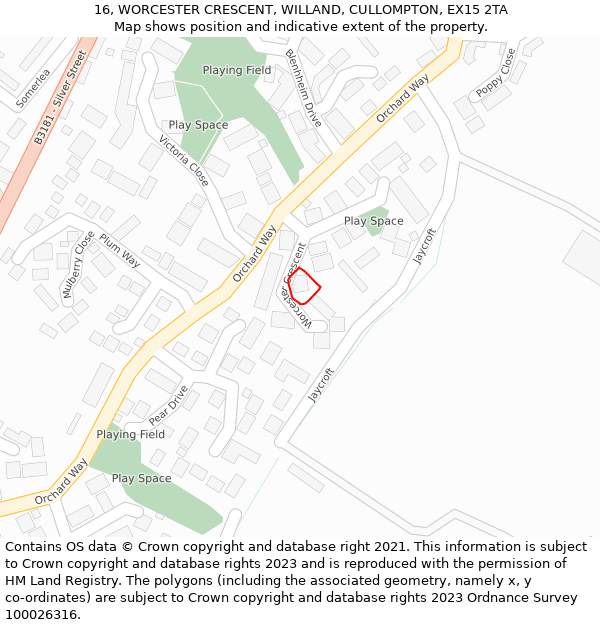 16, WORCESTER CRESCENT, WILLAND, CULLOMPTON, EX15 2TA: Location map and indicative extent of plot