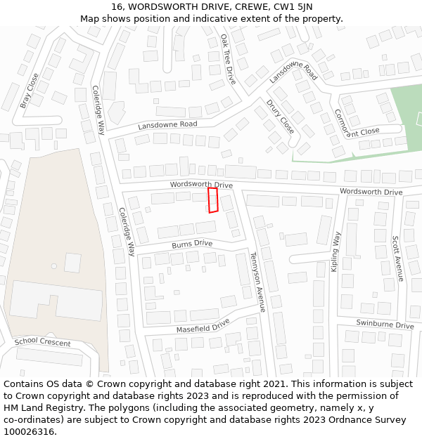 16, WORDSWORTH DRIVE, CREWE, CW1 5JN: Location map and indicative extent of plot