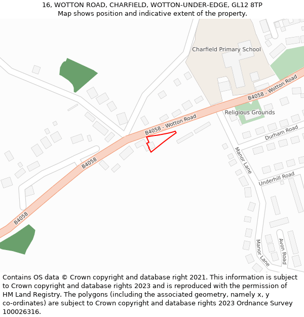 16, WOTTON ROAD, CHARFIELD, WOTTON-UNDER-EDGE, GL12 8TP: Location map and indicative extent of plot