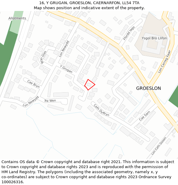 16, Y GRUGAN, GROESLON, CAERNARFON, LL54 7TA: Location map and indicative extent of plot